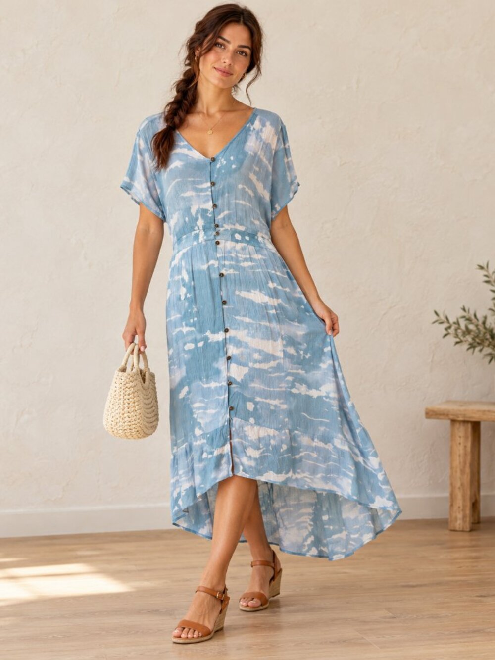Ivy Light Blue Tie-Dye Button-Front Midi Dress Large